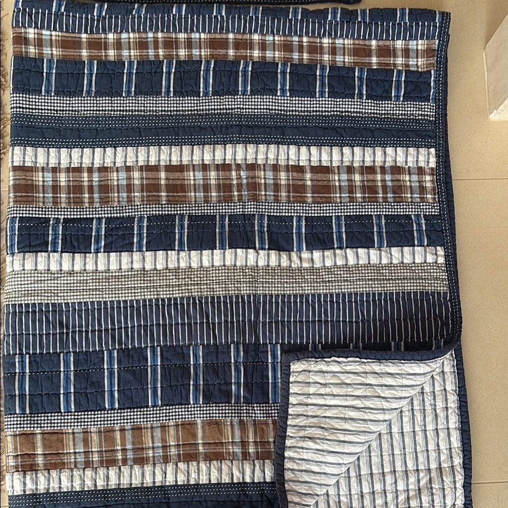Pottery Barn Kids Blue and Brown Quilted Twin Bedding 4 piece set. Like new